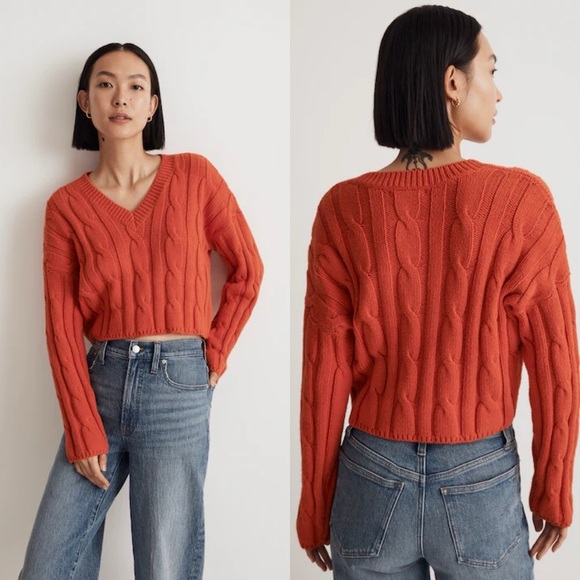 Madewell Cable-Knit V-Neck Crop Cozy Fall Knit Sweater In Roasted Squash - Picture 1 of 12